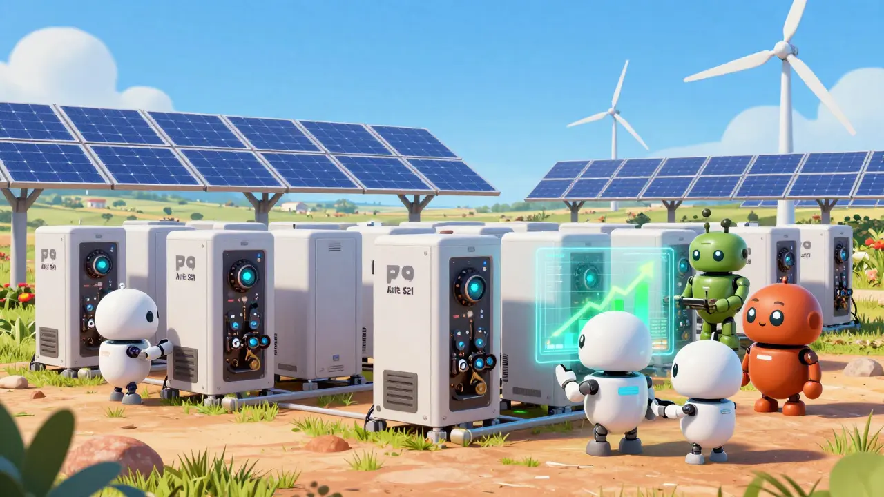 Cute robots mining with solar power in a sunny, sustainable Texas facility.