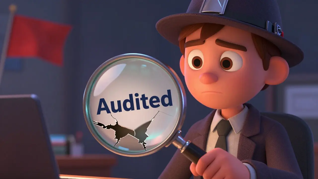 Detective revealing cracks in a shiny audit badge under a magnifying glass