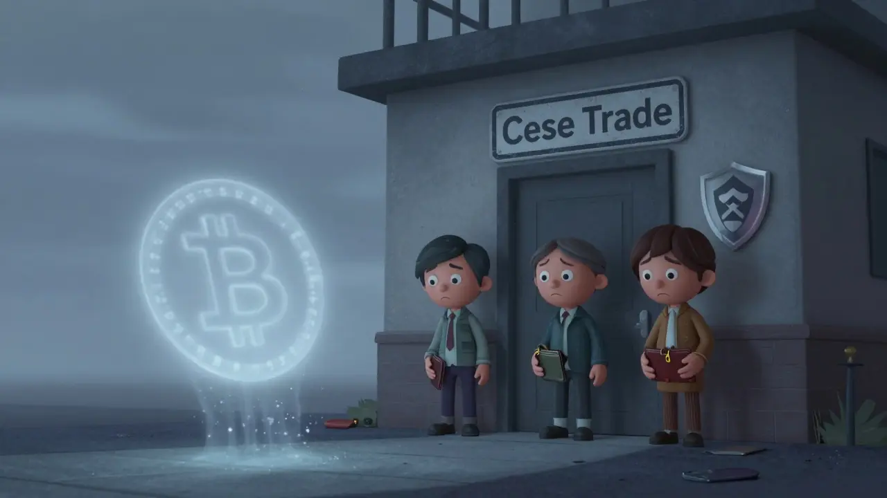 Disappointed investors outside a shut-down exchange watching their funds vanish.