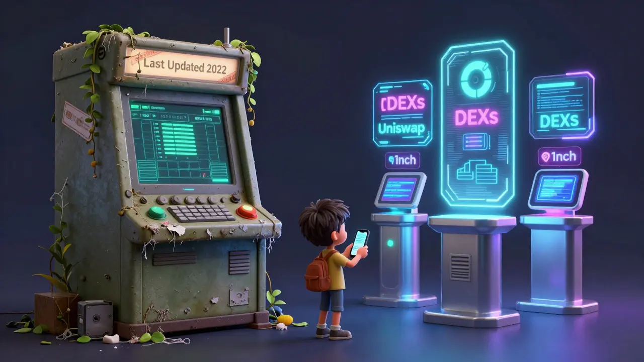 Dusty old kiosk vs shiny modern trading holograms