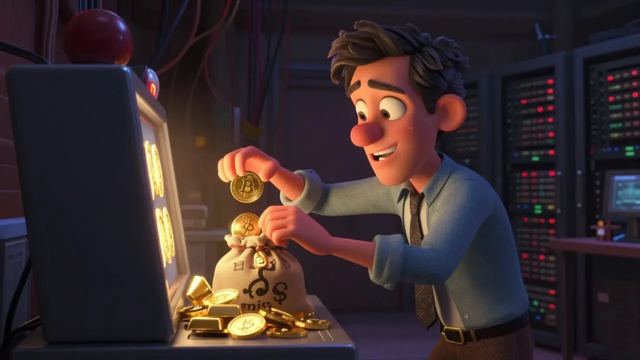 Founder character secretly diverting crypto assets to gambling slots in a dark room.