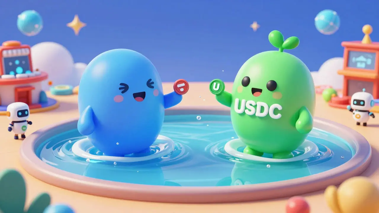 Friendly robots trading tokens in swirling liquid pools