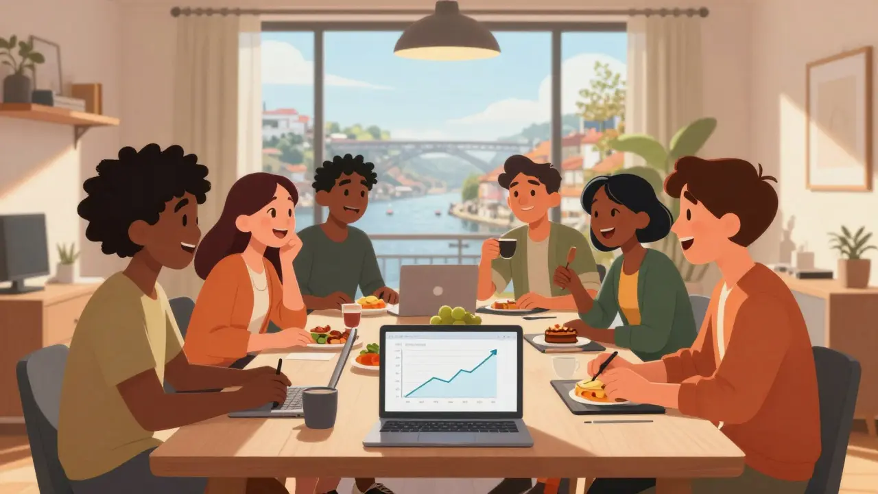 Friends enjoying high quality of life in a Portuguese city