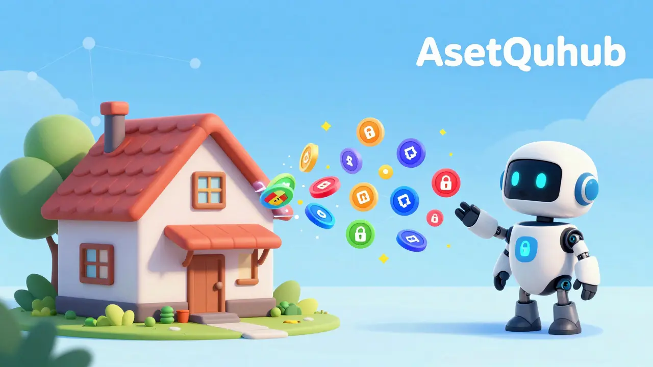 Illustration of a house turning into digital crypto tokens with a robot guide.