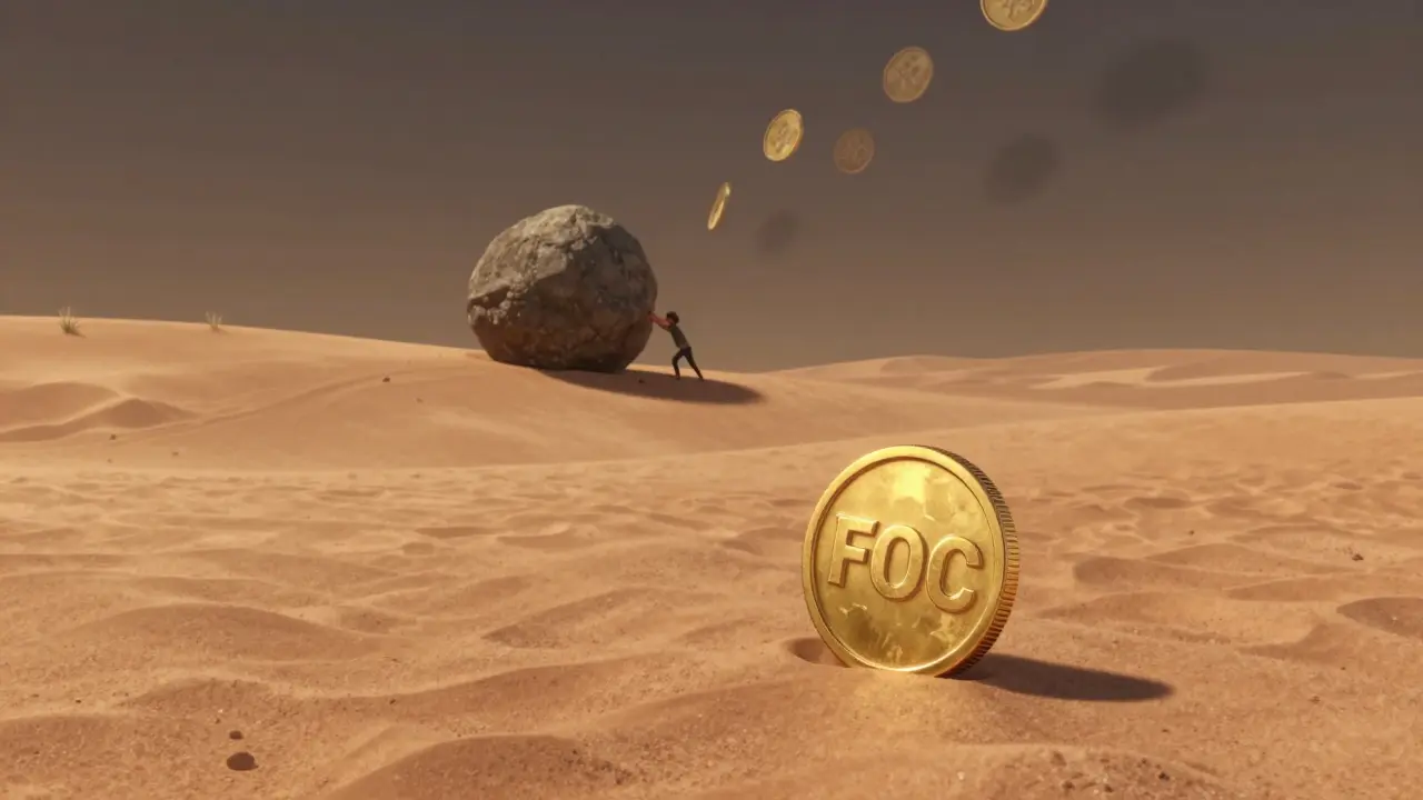 Illustration showing low liquidity with a single coin in a vast desert