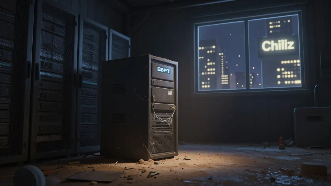 Lonely, dusty server representing an abandoned crypto project.