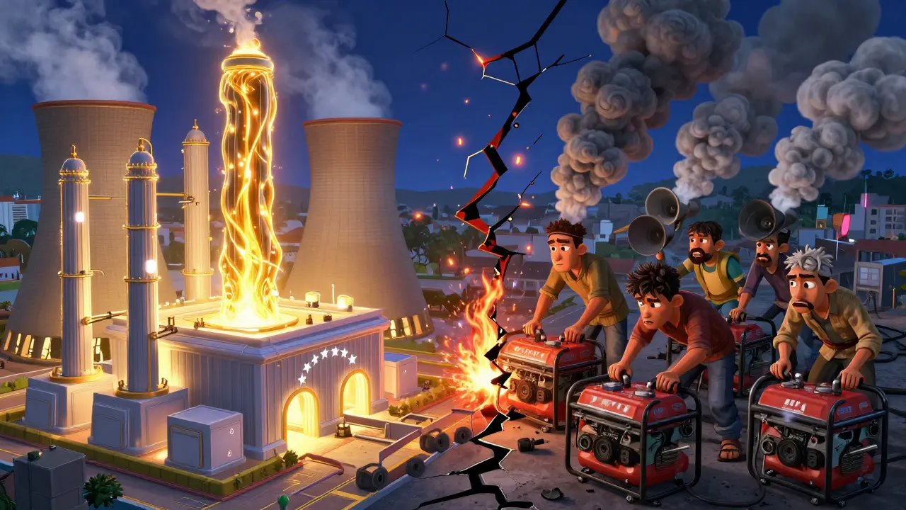 Miners using noisy diesel generators as backup power in a vibrant, animated scene.