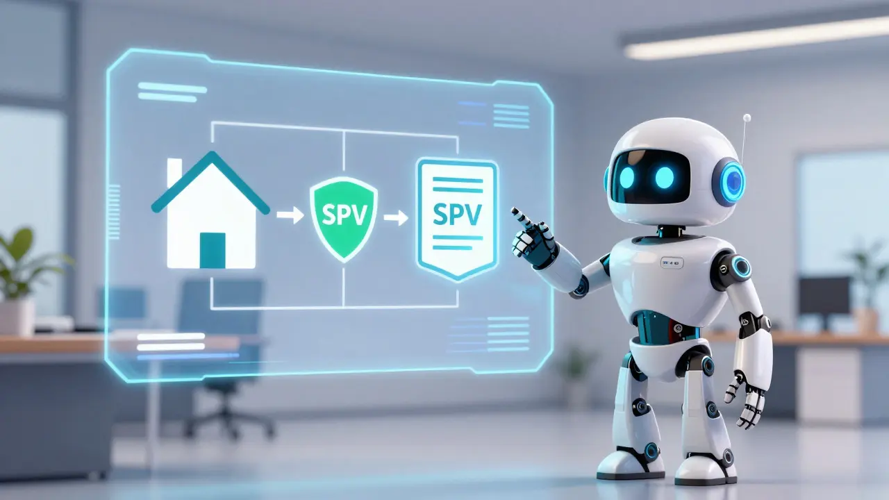 Robot explaining real estate tokenization process via hologram