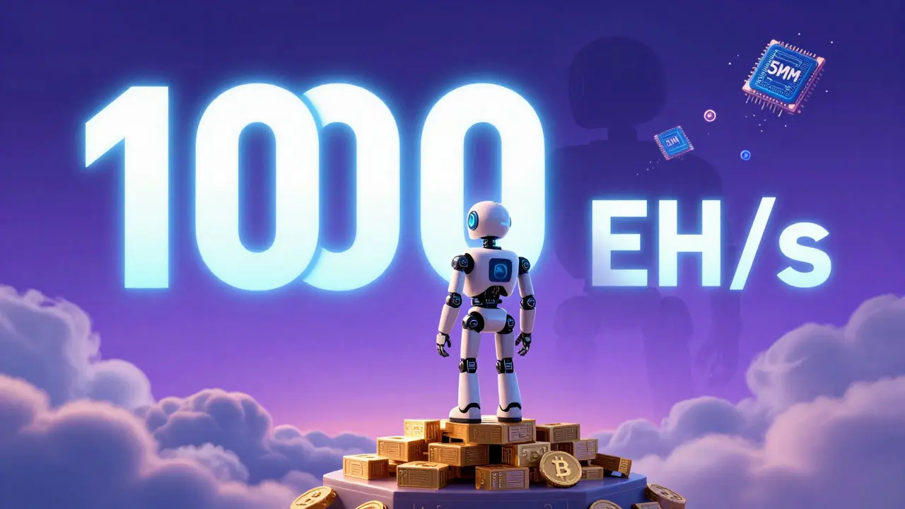 Robot looking at a 1000 EH/s milestone marker with future tech chips nearby.
