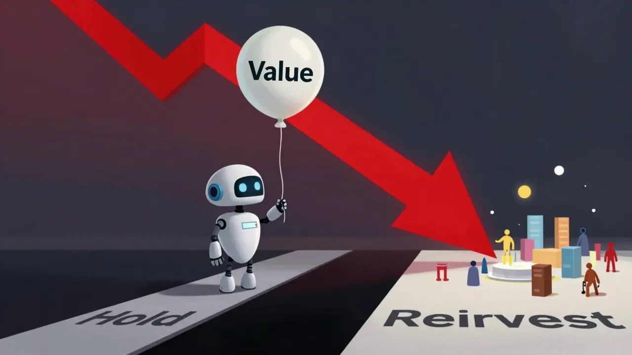 Robot looking at declining graph and choosing between holding or reinvesting