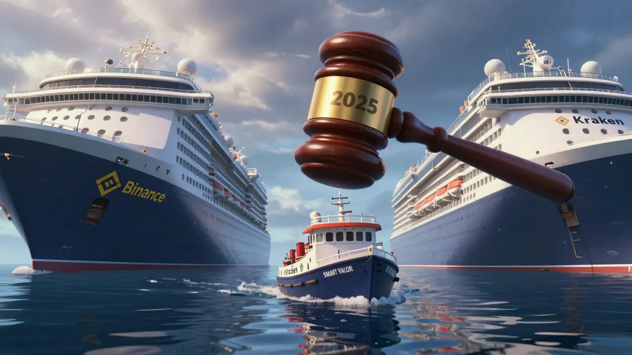 Small crypto exchange ship facing auction gavel near giant competitor ships in cartoon style.