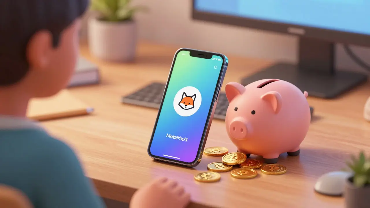 Smartphone showing crypto wallet app next to broken piggy bank on desk