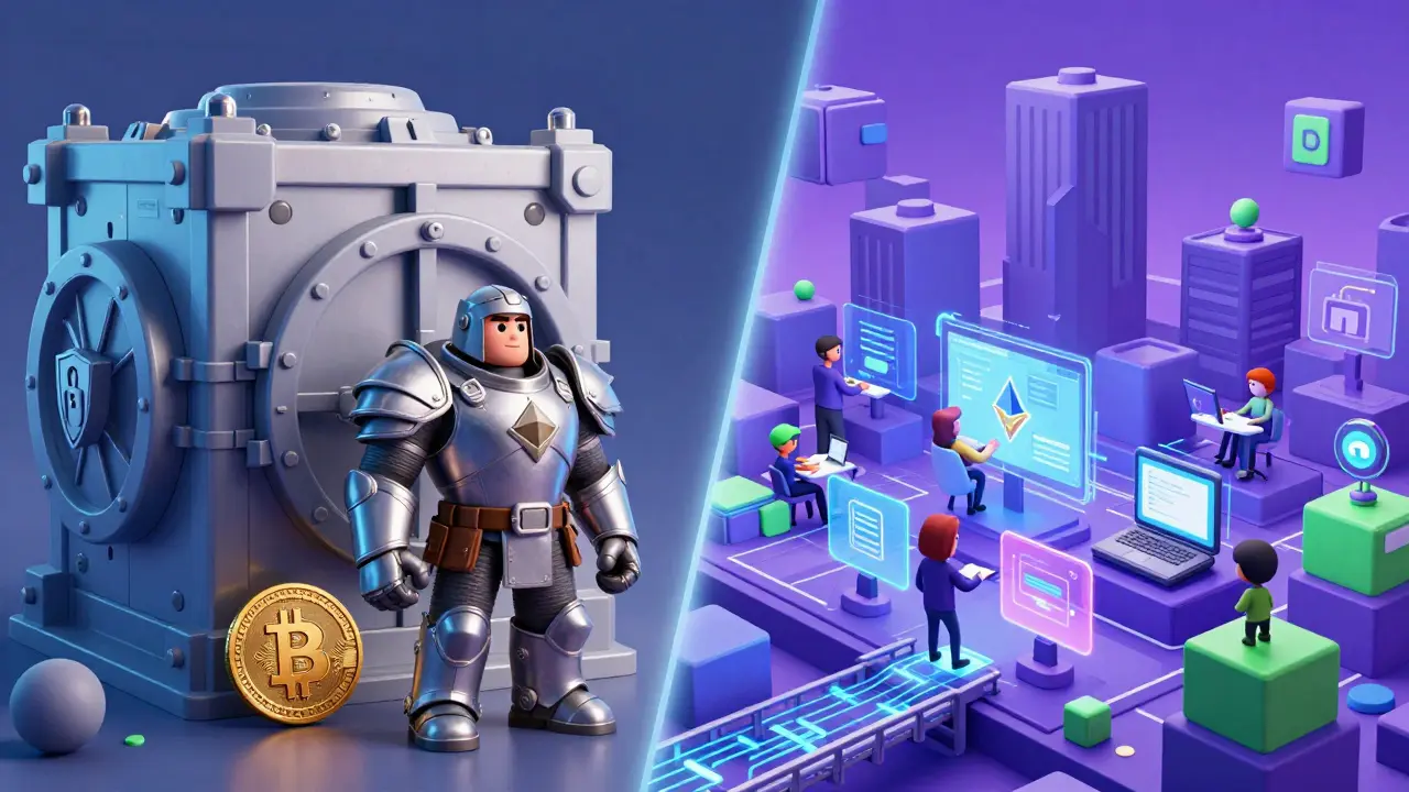 Stylized contrast between a secure vault and a busy developer cityscape