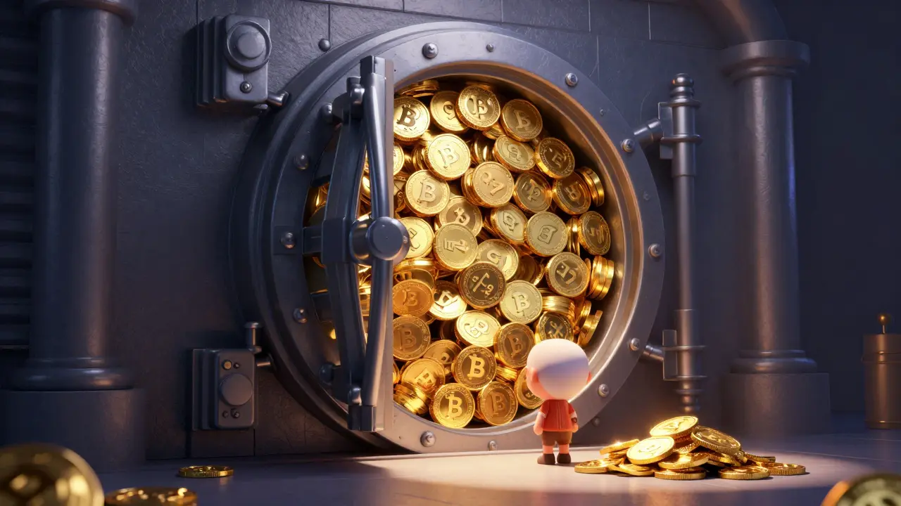 Tiny explorer facing giant vault of locked crypto tokens