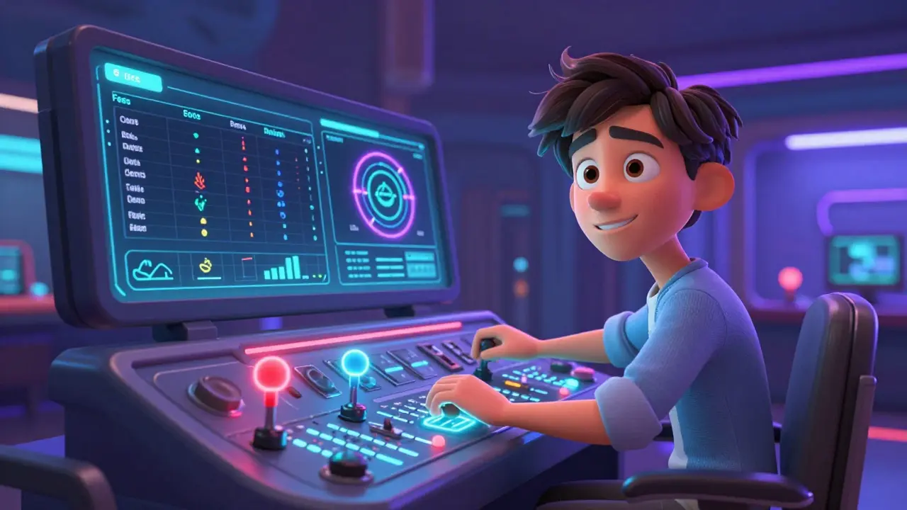 Trader using complex high-tech controls in Pixar style