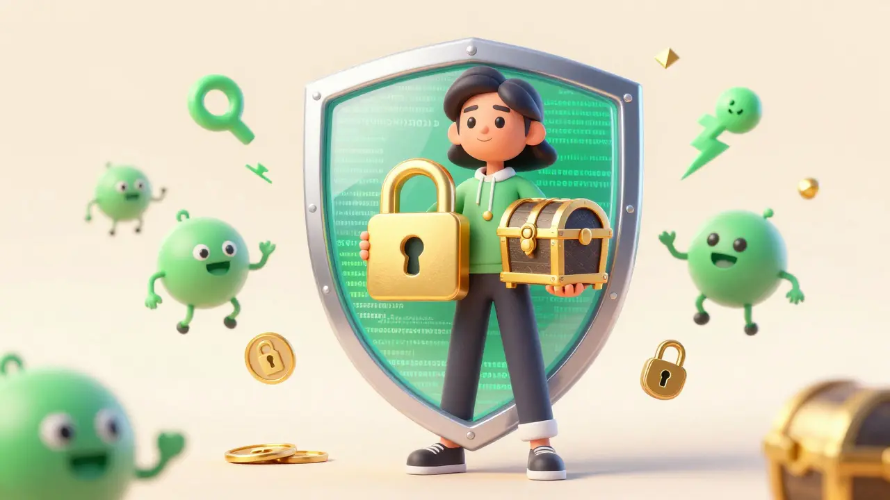 User protected by security shield against crypto phishing scams