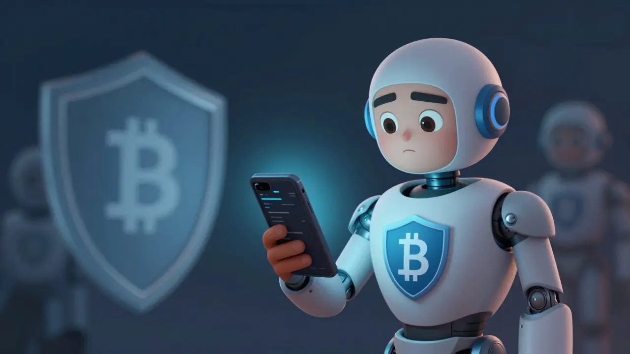 A user safely buying crypto tokens with a digital security guardian.
