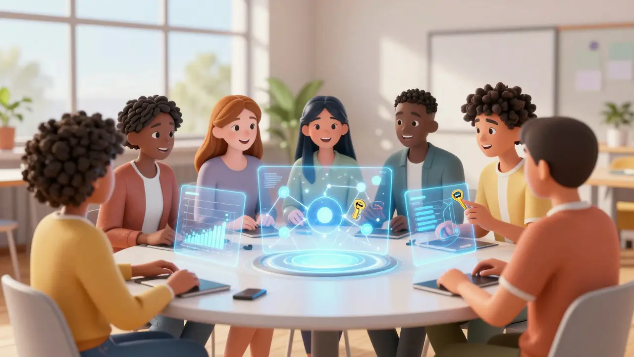 Animated characters collaborating around a table with holographic trust keys.