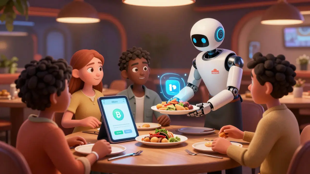 Animated characters paying for dinner with crypto at a restaurant