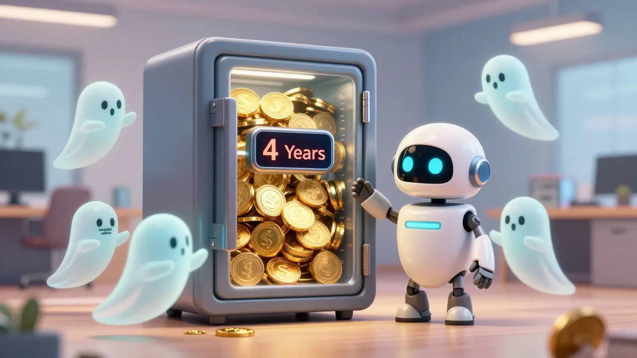 Animated robot guarding a time-locked safe full of tokens with a countdown timer