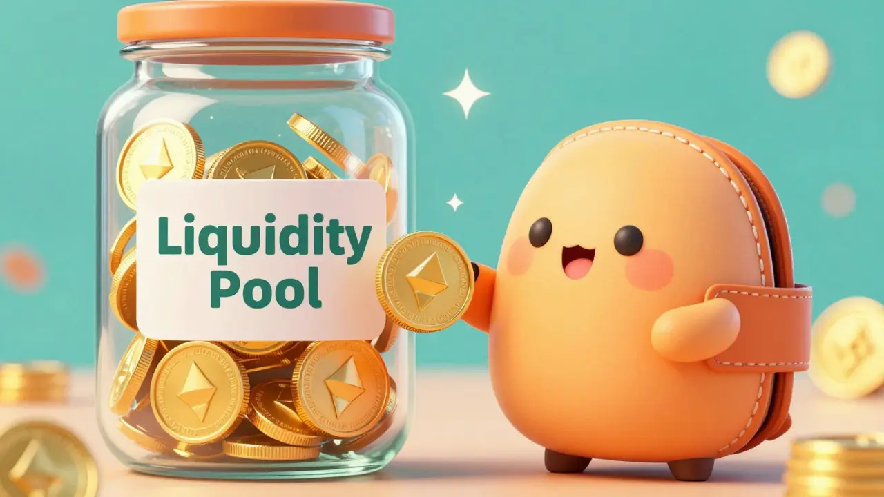 Animated wallet depositing tokens into a glowing liquidity pool with rewards