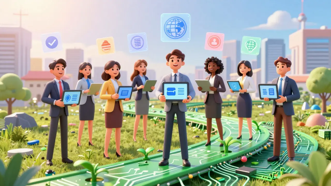 Business team walking up a tech spiral path toward a futuristic city