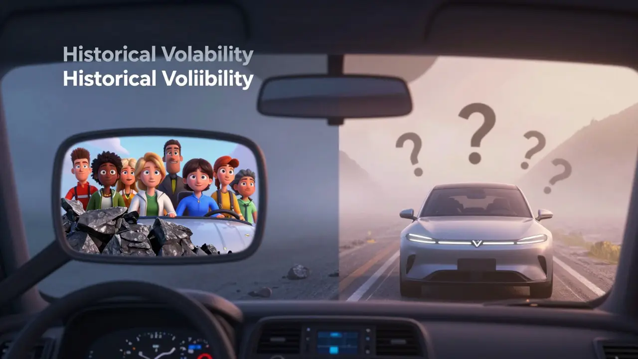 Car driving through foggy future vs rocky past road, illustrating volatility types