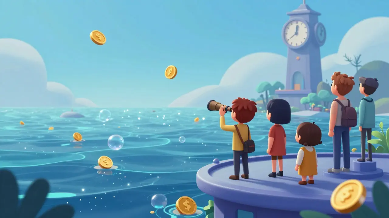 Cartoon characters waiting patiently as golden tokens rise from a digital sea.