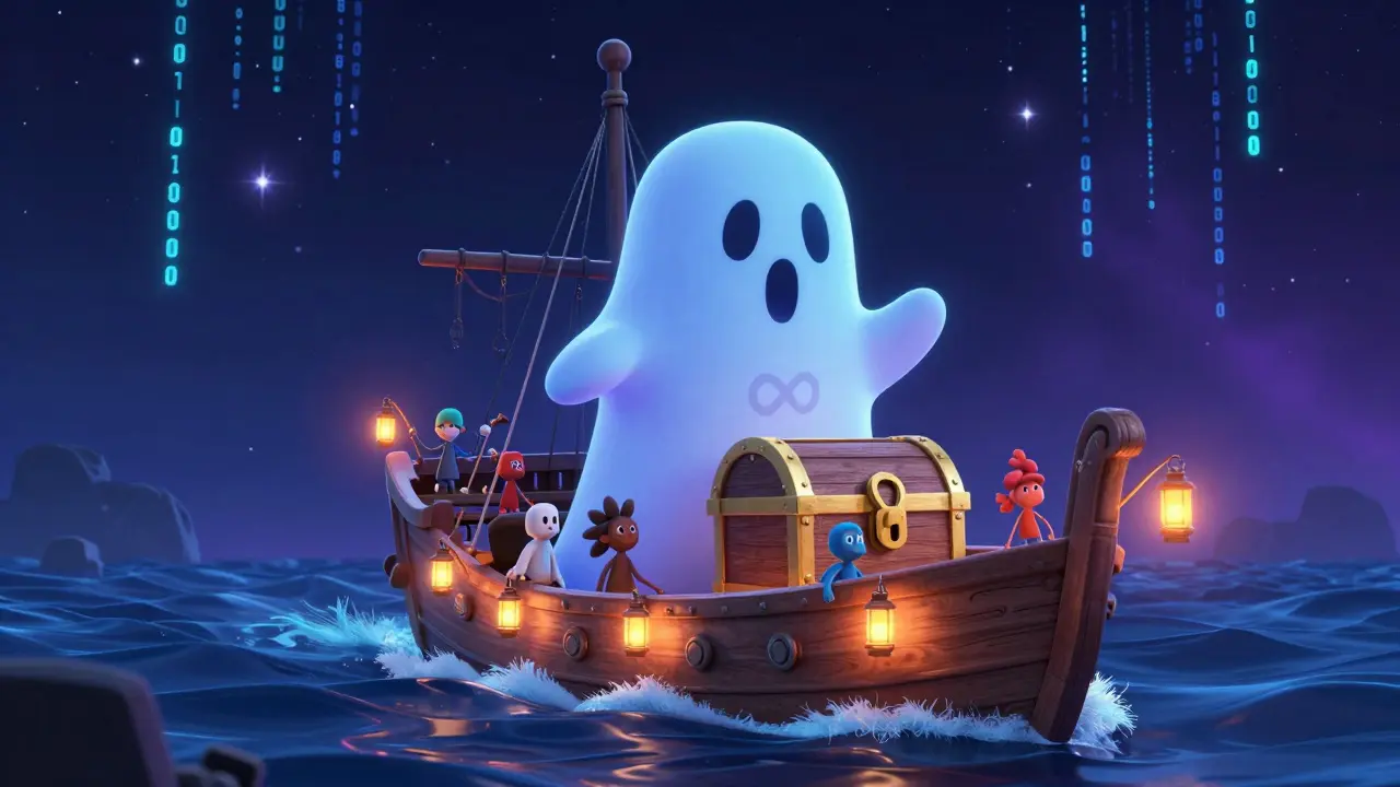 Cartoon community members steering a ghost ship with a locked treasure chest in space