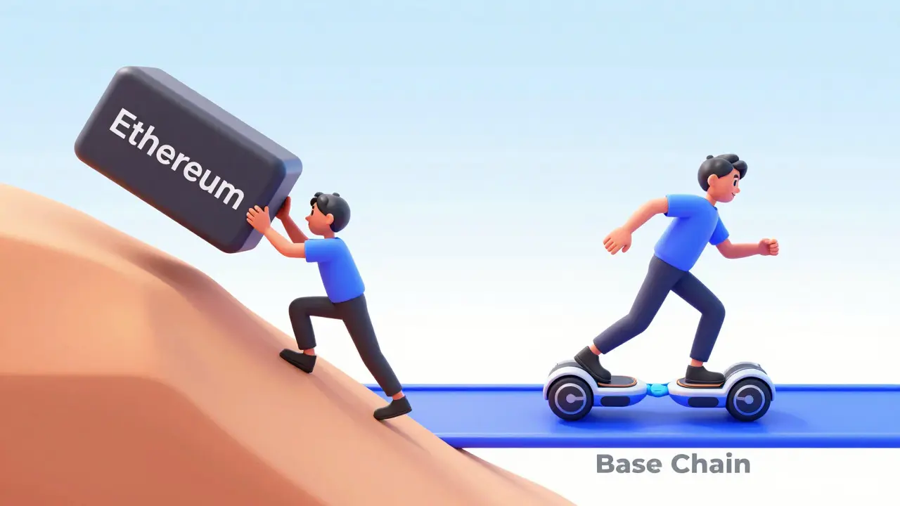 Cartoon comparison of slow Ethereum vs fast Base chain trading