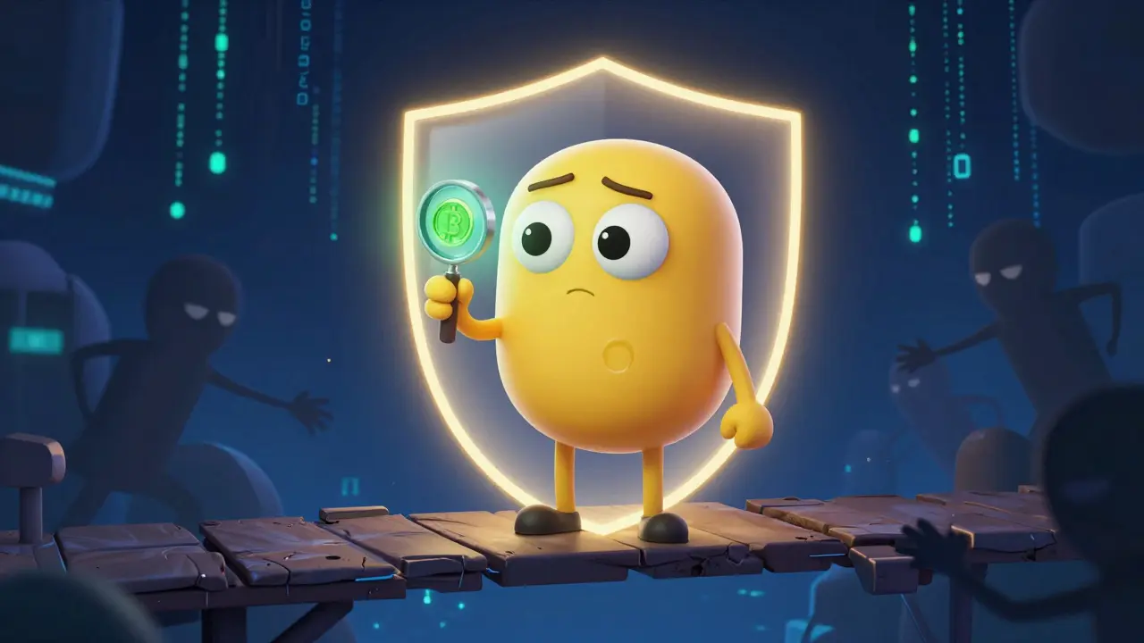 Cartoon investor examining a coin with a magnifying glass on a risky digital bridge.