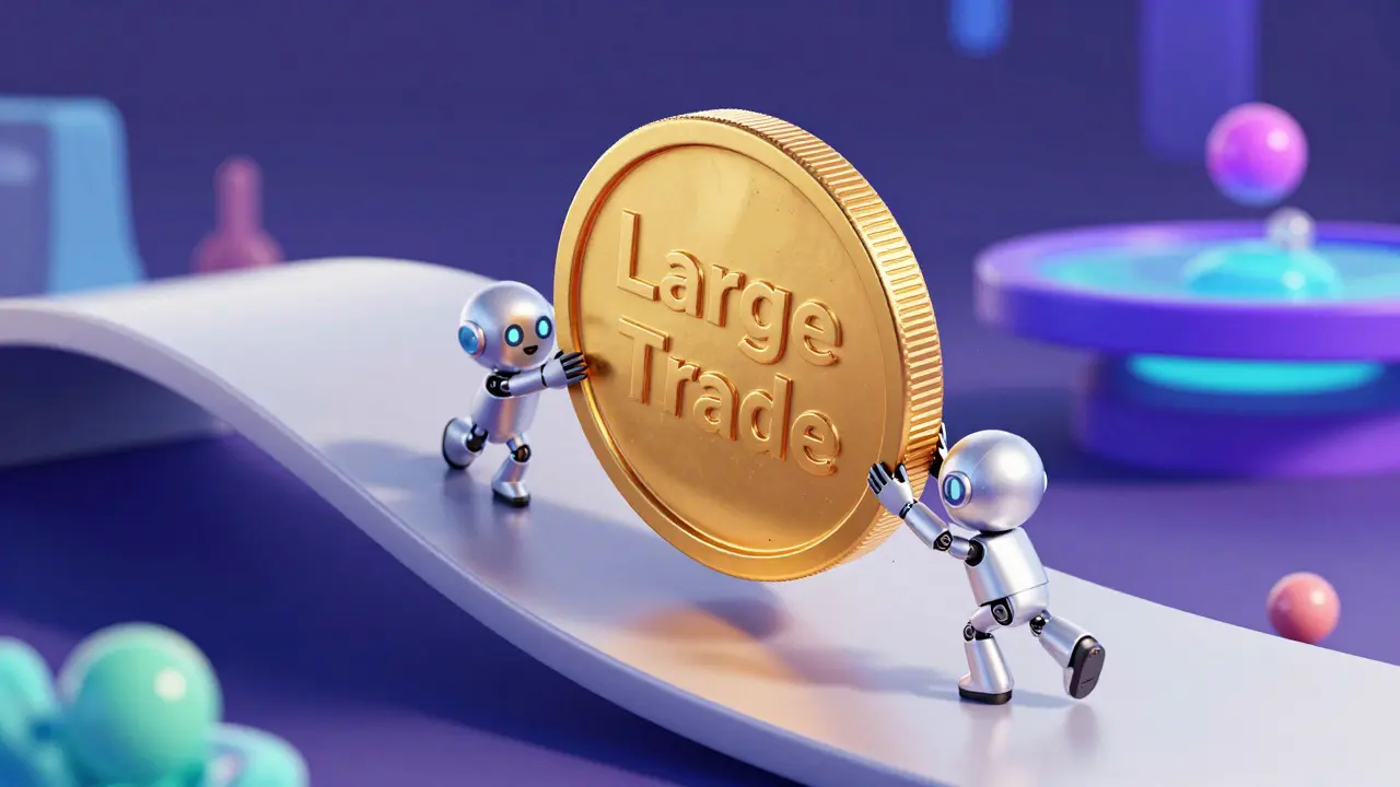Cartoon robots guiding a large coin down a ramp to visualize reduced slippage