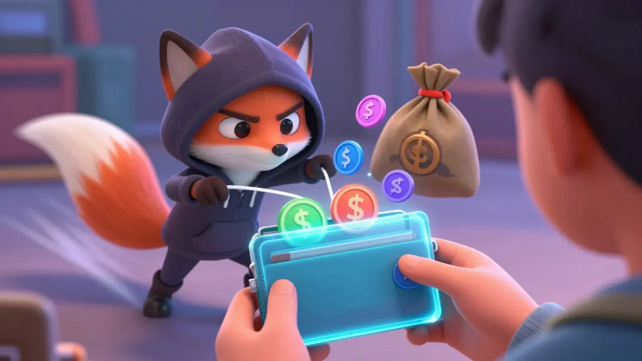Cartoon villain draining crypto tokens from a user's digital wallet
