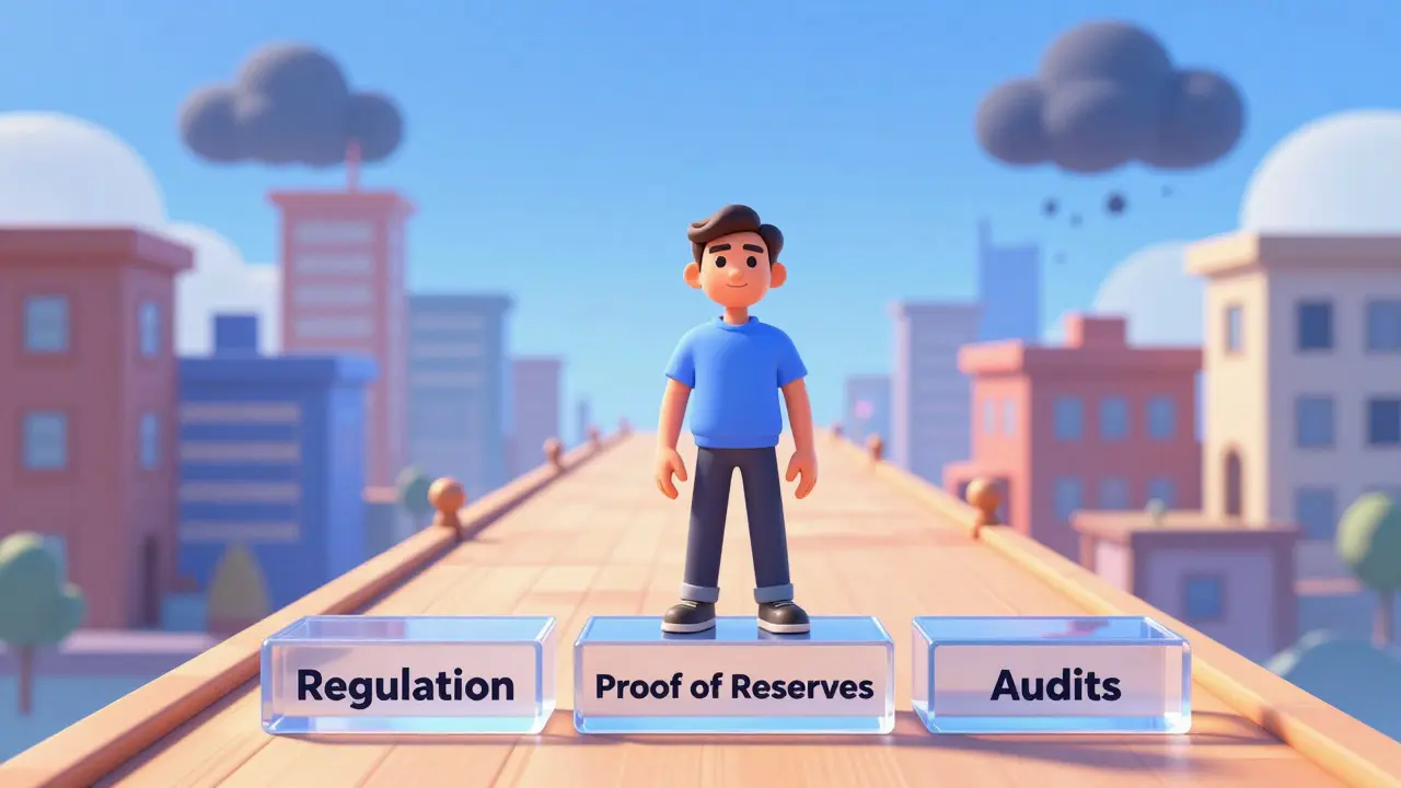 Confident character walking on a solid bridge of regulation towards safe, trusted exchanges.