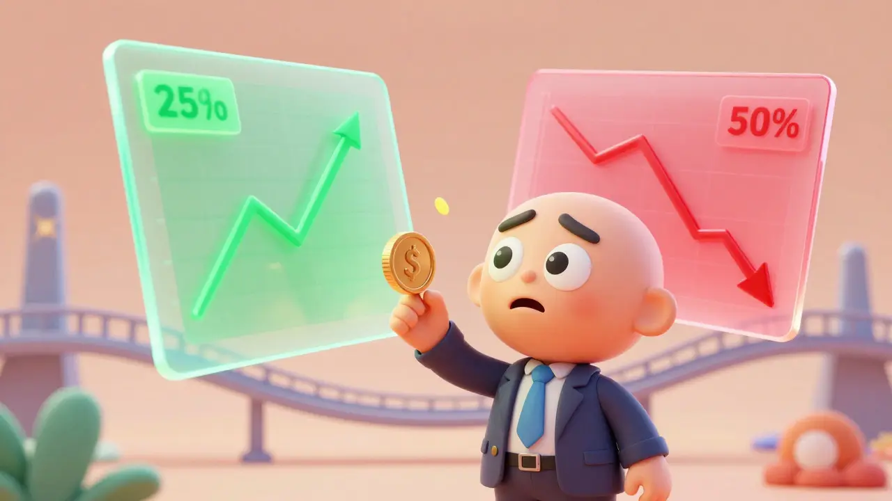 Confused cartoon investor viewing conflicting crypto price charts