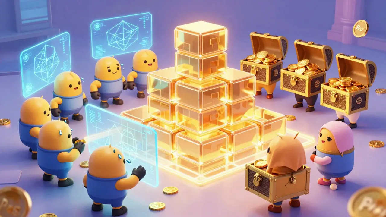 Cute bots mining and staking coins to build a secure blockchain in Pixar style.