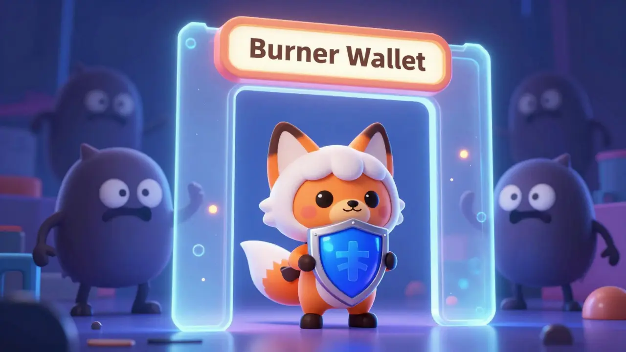 Cute digital wallet character blocking shadowy scam monsters with a shield.