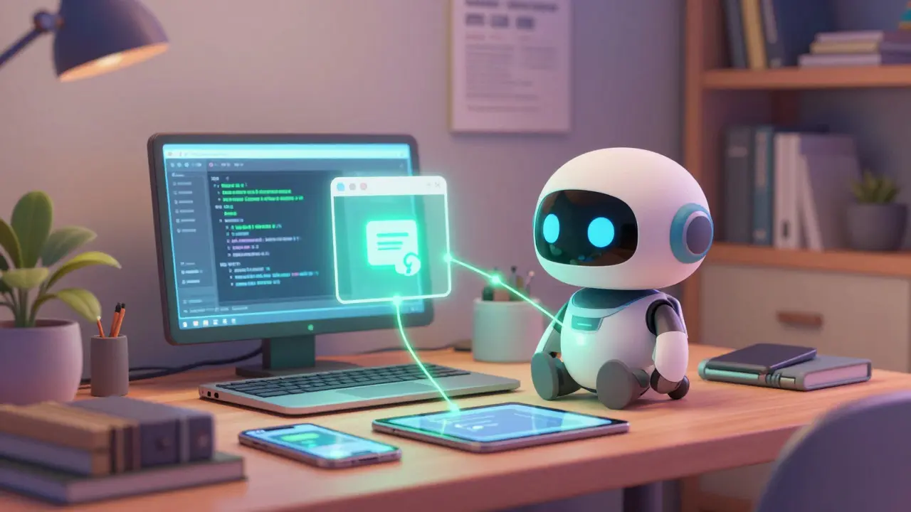 Cute robot assistant managing data streams from everyday devices in a cozy office