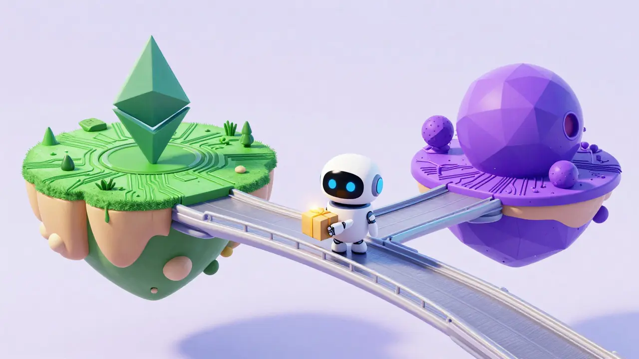 Cute robot bridging two colorful digital islands in Pixar style