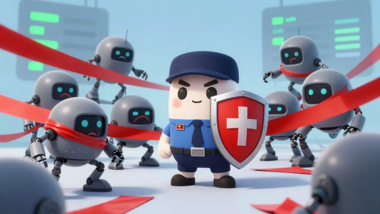Cute shield character blocking clumsy gray bots in a playful security scene.