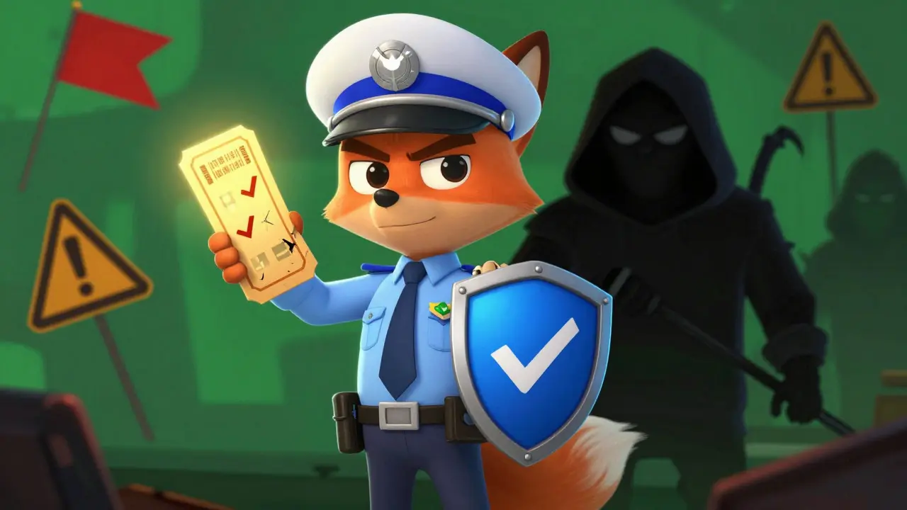 Detective character exposing a crypto scammer with fake rewards