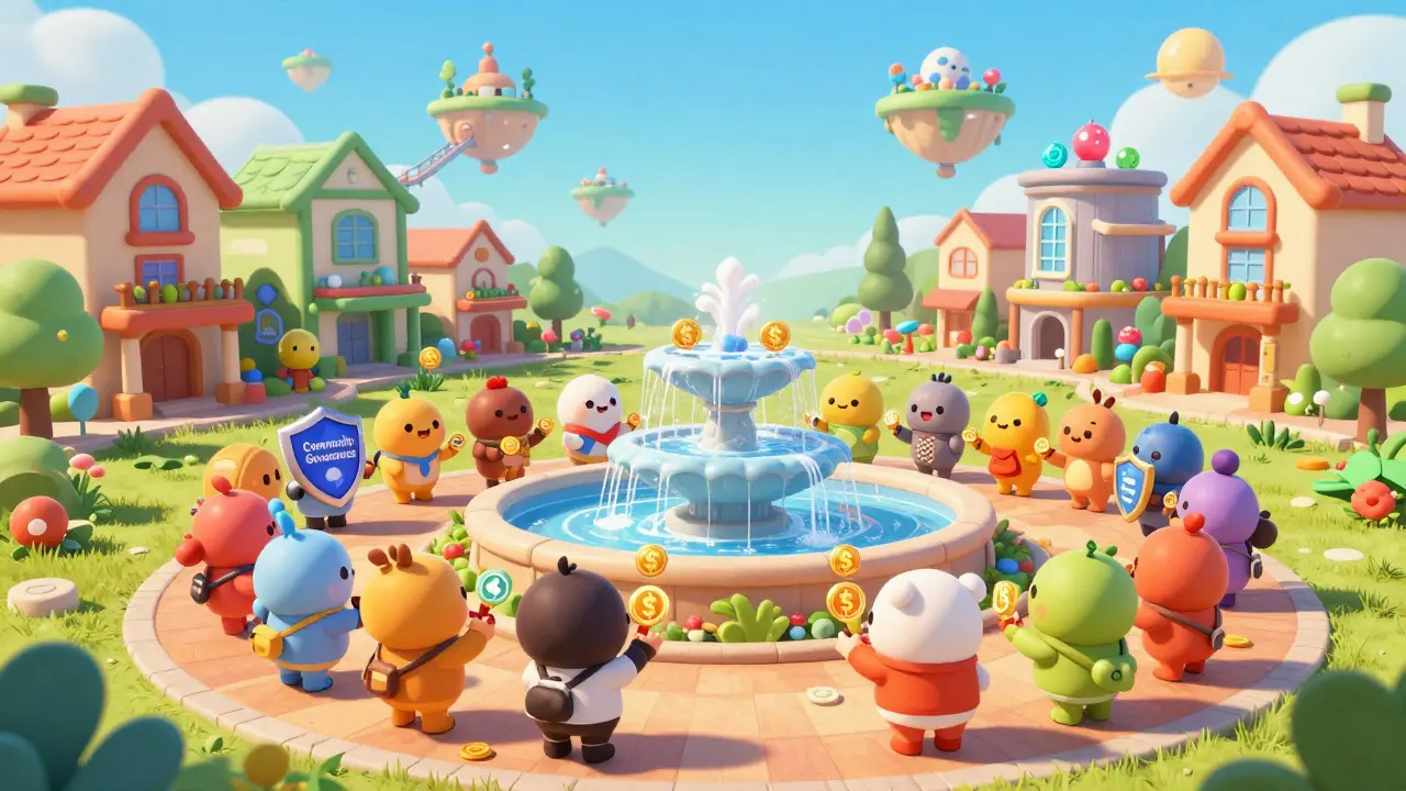 Diverse cartoon characters receiving tokens from a fountain in a digital town square