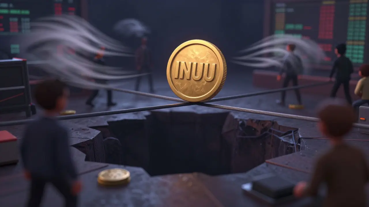 Dramatic Pixar-style image of a small coin balancing on a wire over a dark abyss