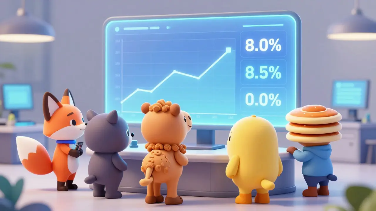 Friendly crypto mascots comparing trading fees on a holographic screen