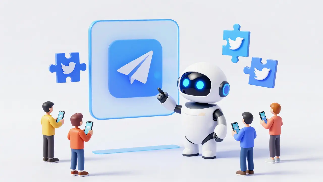 Friendly robot assistant guiding users through social media tasks for crypto rewards.