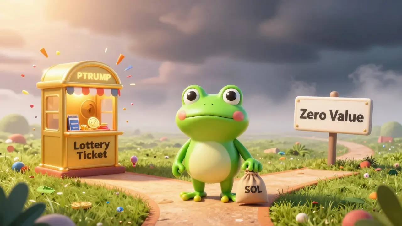 Frog character weighing a lottery-style gamble against a risky investment path
