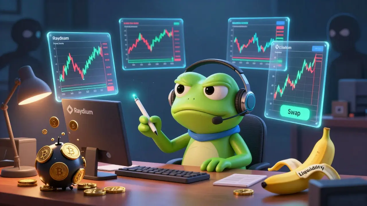 Frog trader analyzing volatile charts amidst risk symbols like bombs and slips