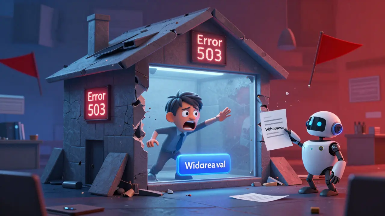 Frustrated user trapped in a crumbling virtual office with error signs and unhelpful robots.