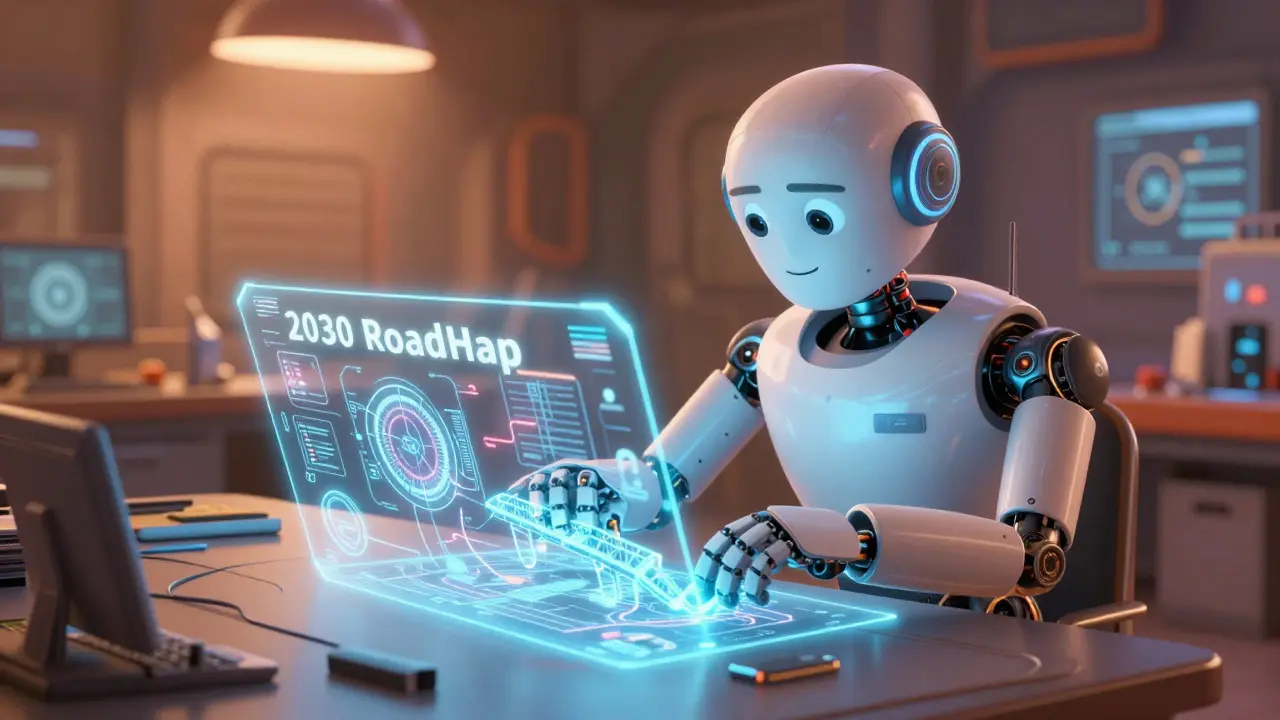 Futuristic robot engineer building a glowing roadmap blueprint in a high-tech lab.