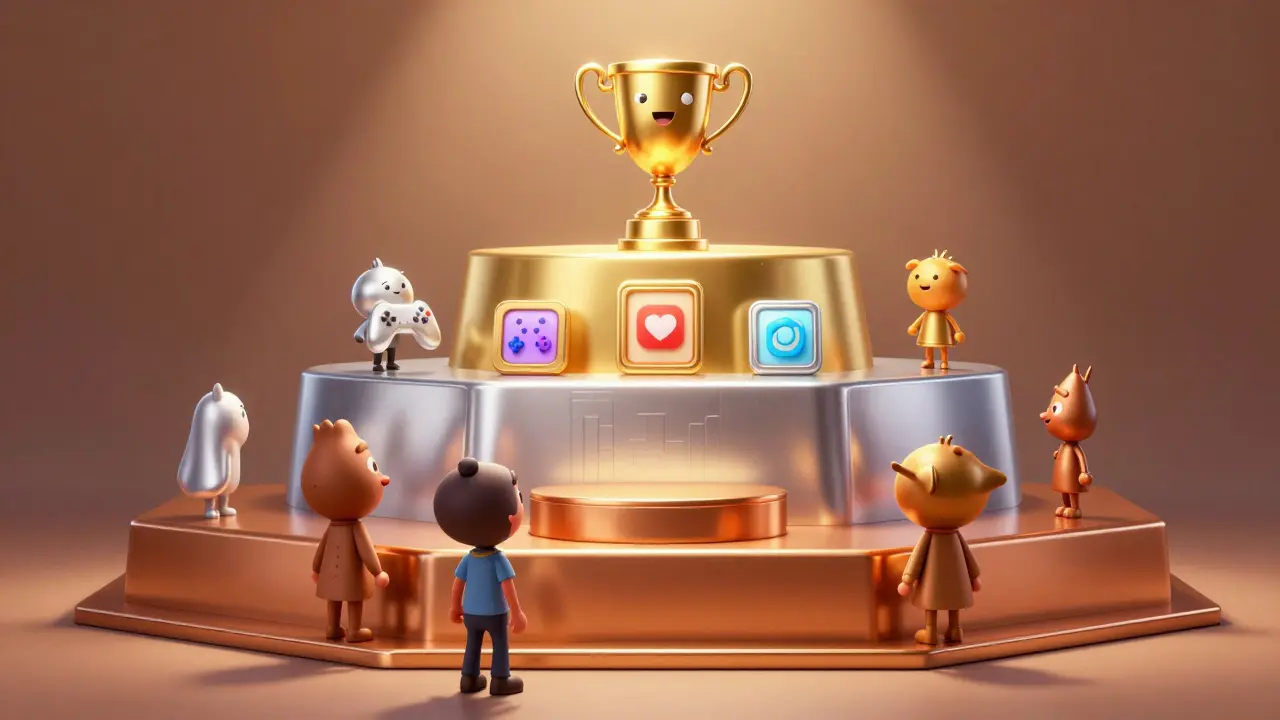 Gold, silver, and bronze tiers with cartoon avatars accessing new crypto projects.